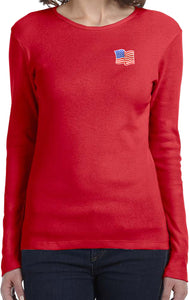 Waving USA Flag T-shirt Patch Pocket Print Ladies Long Sleeve - Yoga Clothing for You
