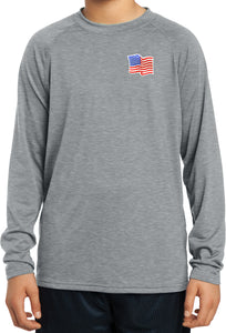 Waving USA Flag Patch Pocket Print Kids Dry Wicking Long Sleeve - Yoga Clothing for You