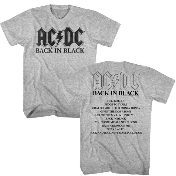 AC/DC Back in Black Album Grey T-shirt Front and Back