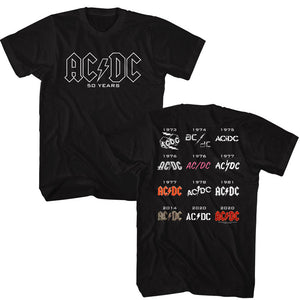 AC/DC 50 Years Logos Black Tall T-shirt Front and Back