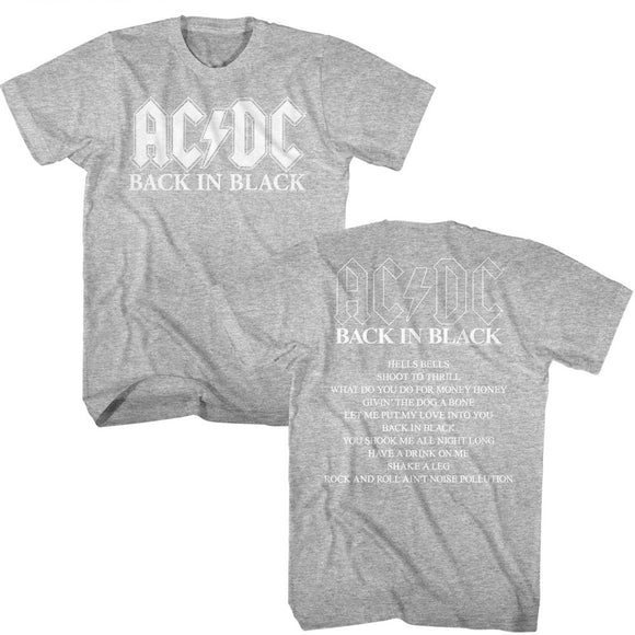 AC/DC Back in Black Album White Print Grey Tall T-shirt Front and Back