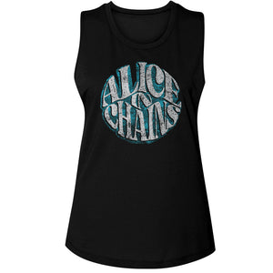 Alice in Chains Distressed Circle Text Logo Ladies Sleeveless Muscle Black Tank Top