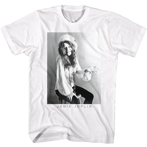 Janis Joplin Black and White Portrait White T-shirt