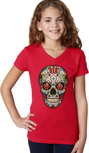 Girls Halloween T-shirt Sugar Skull with Roses V-Neck - Yoga Clothing for You