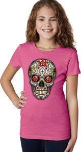 Girls Halloween T-shirt Sugar Skull with Roses - Yoga Clothing for You