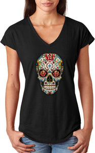 Ladies Halloween T-shirt Sugar Skull with Roses Triblend V-Neck - Yoga Clothing for You