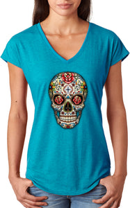 Ladies Halloween T-shirt Sugar Skull with Roses Triblend V-Neck - Yoga Clothing for You