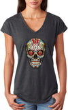 Ladies Halloween T-shirt Sugar Skull with Roses Triblend V-Neck - Yoga Clothing for You