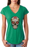 Ladies Halloween T-shirt Sugar Skull with Roses Triblend V-Neck - Yoga Clothing for You