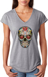 Ladies Halloween T-shirt Sugar Skull with Roses Triblend V-Neck - Yoga Clothing for You