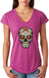 Ladies Halloween T-shirt Sugar Skull with Roses Triblend V-Neck - Yoga Clothing for You