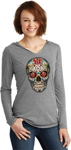 Ladies Halloween T-shirt Sugar Skull with Roses Tri Blend Hoodie - Yoga Clothing for You