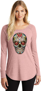 Ladies Halloween T-shirt Sugar Skull with Roses Tri Blend Long Sleeve - Yoga Clothing for You