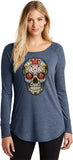 Ladies Halloween T-shirt Sugar Skull with Roses Tri Blend Long Sleeve - Yoga Clothing for You