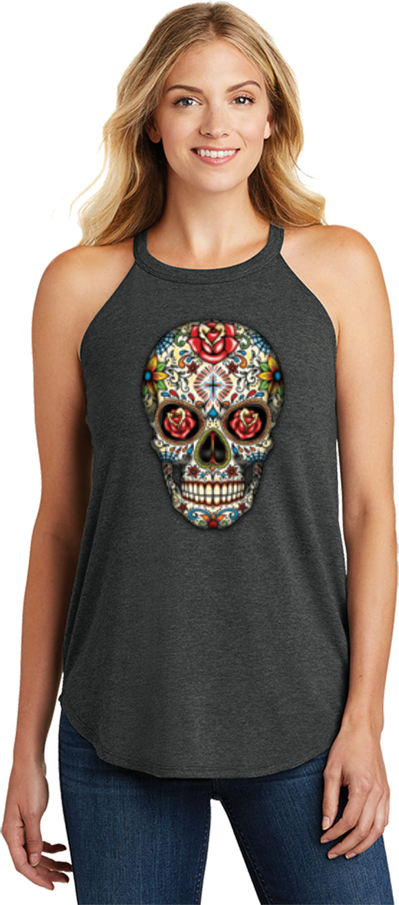 Ladies Halloween Tank Top Sugar Skull with Roses Tri Rocker Tanktop - Yoga Clothing for You