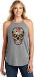 Ladies Halloween Tank Top Sugar Skull with Roses Tri Rocker Tanktop - Yoga Clothing for You