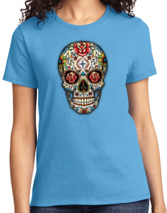 Ladies Halloween T-shirt Sugar Skull with Roses - Yoga Clothing for You