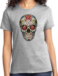 Ladies Halloween T-shirt Sugar Skull with Roses - Yoga Clothing for You