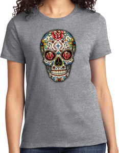 Ladies Halloween T-shirt Sugar Skull with Roses - Yoga Clothing for You