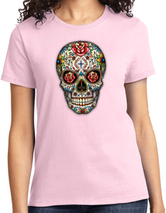 Ladies Halloween T-shirt Sugar Skull with Roses - Yoga Clothing for You