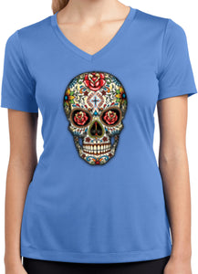 Ladies Halloween T-shirt Sugar Skull with Roses Moisture Wicking V-Neck - Yoga Clothing for You