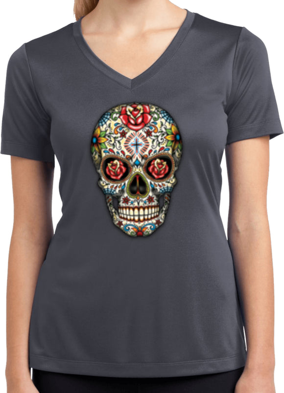 Ladies Halloween T-shirt Sugar Skull with Roses Moisture Wicking V-Neck - Yoga Clothing for You