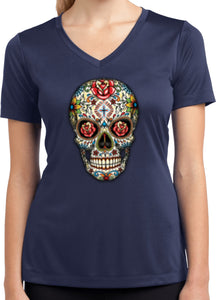 Ladies Halloween T-shirt Sugar Skull with Roses Moisture Wicking V-Neck - Yoga Clothing for You