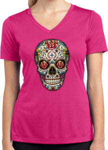 Ladies Halloween T-shirt Sugar Skull with Roses Moisture Wicking V-Neck - Yoga Clothing for You