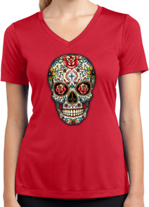 Ladies Halloween T-shirt Sugar Skull with Roses Moisture Wicking V-Neck - Yoga Clothing for You