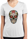 Ladies Halloween T-shirt Sugar Skull with Roses Moisture Wicking V-Neck - Yoga Clothing for You