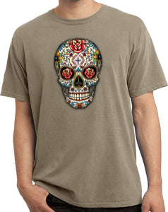 Halloween T-shirt Sugar Skull with Roses Pigment Dyed Tee - Yoga Clothing for You