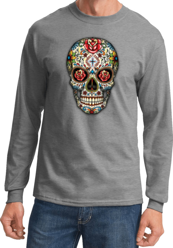 Halloween T-shirt Sugar Skull with Roses Long Sleeve - Yoga Clothing for You