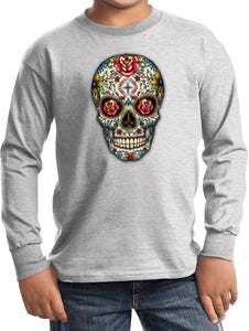 Kids Halloween T-shirt Sugar Skull with Roses Youth Long Sleeve - Yoga Clothing for You