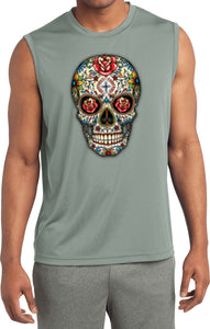 Halloween T-shirt Sugar Skull with Roses Sleeveless Competitor Tee - Yoga Clothing for You