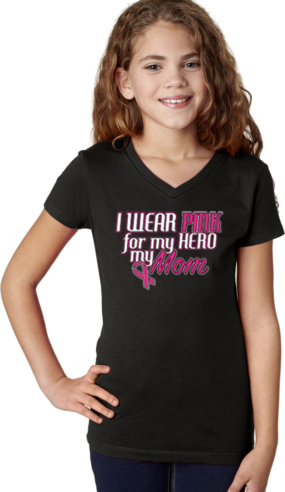 Girls Breast Cancer T-shirt Pink For My Hero V-Neck - Yoga Clothing for You