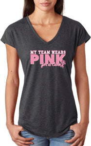 Ladies Breast Cancer T-shirt My Team Wears Pink Triblend V-Neck - Yoga Clothing for You