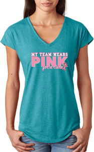 Ladies Breast Cancer T-shirt My Team Wears Pink Triblend V-Neck - Yoga Clothing for You