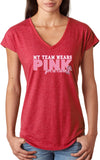 Ladies Breast Cancer T-shirt My Team Wears Pink Triblend V-Neck - Yoga Clothing for You