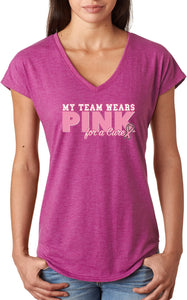 Ladies Breast Cancer T-shirt My Team Wears Pink Triblend V-Neck - Yoga Clothing for You