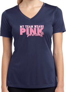 Ladies Breast Cancer Shirt My Team Wears Pink Dry Wicking V-Neck - Yoga Clothing for You