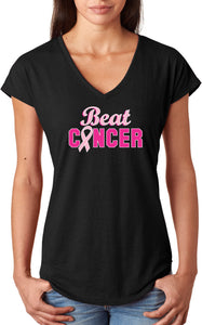 Ladies Breast Cancer T-shirt Beat Cancer Triblend V-Neck - Yoga Clothing for You