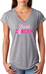Ladies Breast Cancer T-shirt Beat Cancer Triblend V-Neck - Yoga Clothing for You