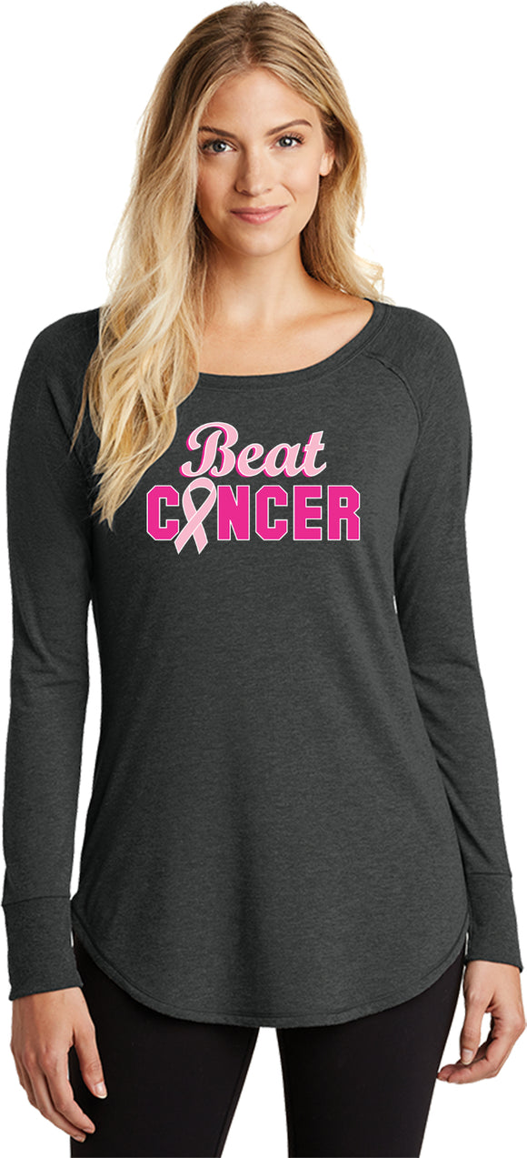 Ladies Breast Cancer Tee Beat Cancer Ladies TriBlend Long Sleeve - Yoga Clothing for You