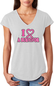 Ladies Breast Cancer T-shirt I Heart a Survivor Triblend V-Neck - Yoga Clothing for You