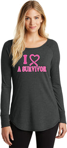 Ladies Breast Cancer Tee I Heart a Survivor TriBlend Long Sleeve - Yoga Clothing for You