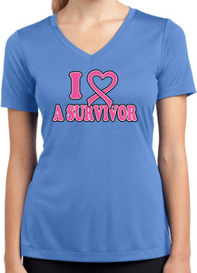 Ladies Breast Cancer Shirt I Heart a Survivor Dry Wicking V-Neck - Yoga Clothing for You