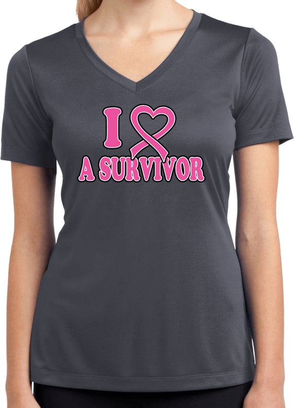 Ladies Breast Cancer Shirt I Heart a Survivor Dry Wicking V-Neck - Yoga Clothing for You