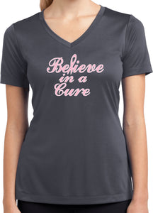 Ladies Breast Cancer T-shirt Believe in a Cure Moisture Wicking V-Neck - Yoga Clothing for You