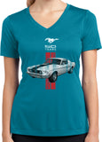 Ladies Ford Mustang T-shirt Red Stripe 50 Years Dry Wicking V-Neck - Yoga Clothing for You