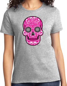 Ladies Halloween T-shirt Pink Sugar Skull Tee - Yoga Clothing for You